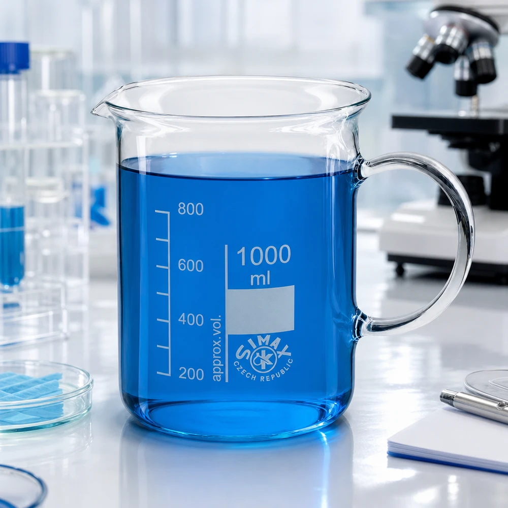 Szklanka o pojemności 1000 ml z niebieską cieczą i uchwytem w otoczeniu laboratoryjnym