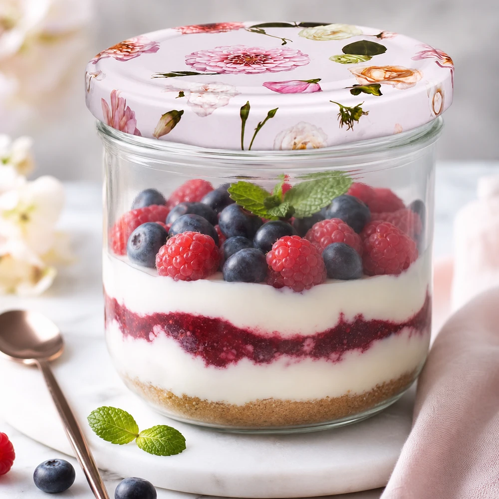 260 ml słoik z pokrywką w kształcie kwiatu wypełniony deserem jagodowym - przykład zastosowania słoika do przechowywania przetworów