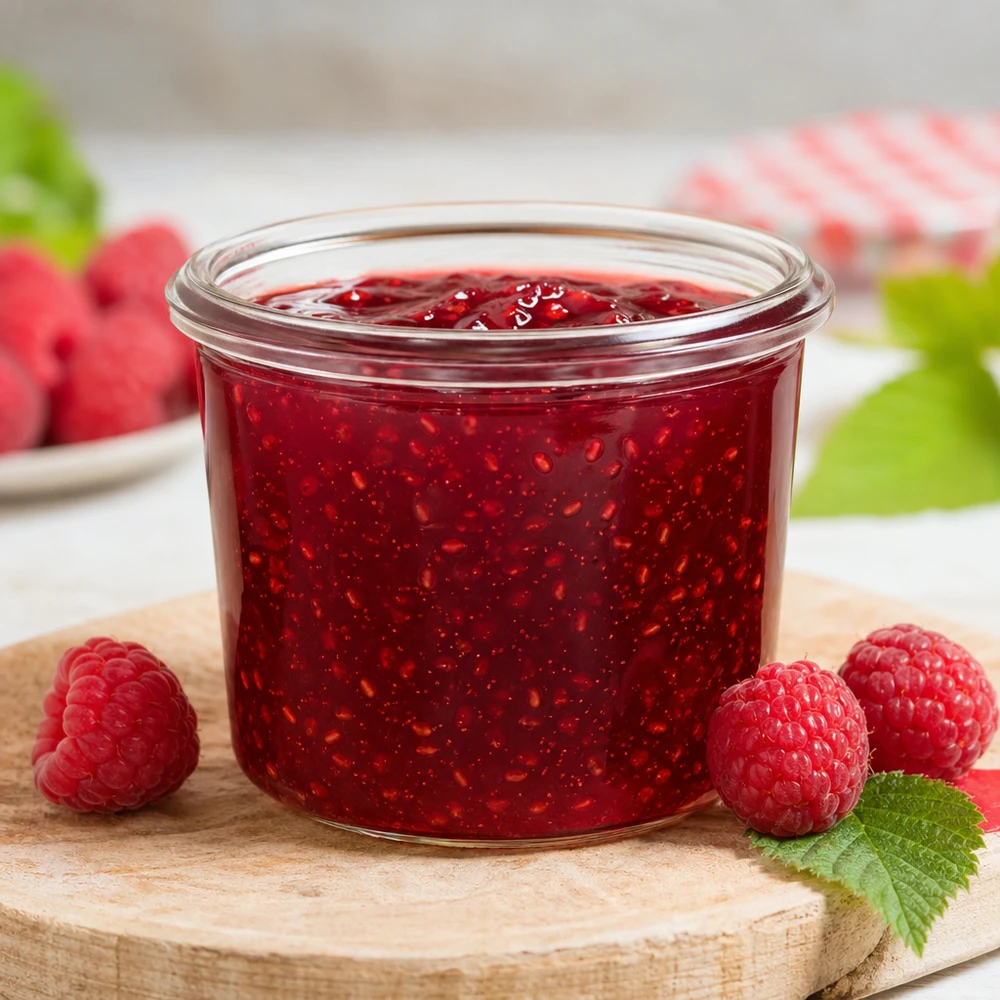 Słoik WECK RR40 35 ml wypełniony czerwoną konfiturą otoczoną świeżymi malinami na drewnianej desce