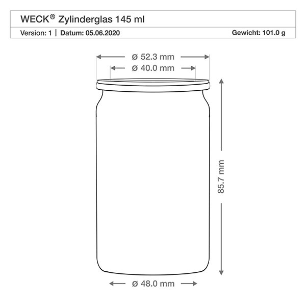 Słoik z cylindrem 145 ml WECK RR40 WECK słoik cylindryczny 145ml RR40 rysunek techniczny o wymiarach średnica 48mm wysokość 85,7mm waga 101g