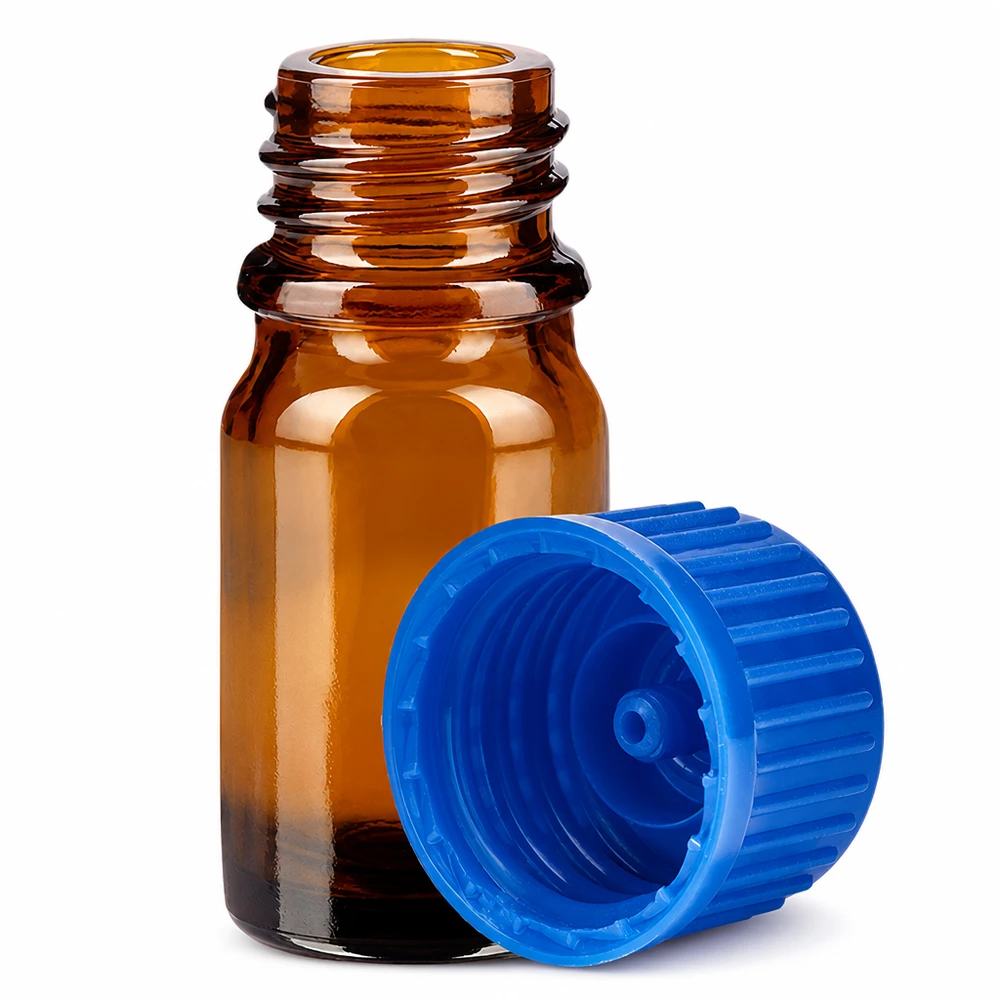 Butelka 5 ml 11 mm SV niebieski STD BrownLine UT18/5 5 ml fiolka UT18/5 z bursztynowego szkła z gwintem 11 mm i niebieskim korkiem do precyzyjnego dozowania