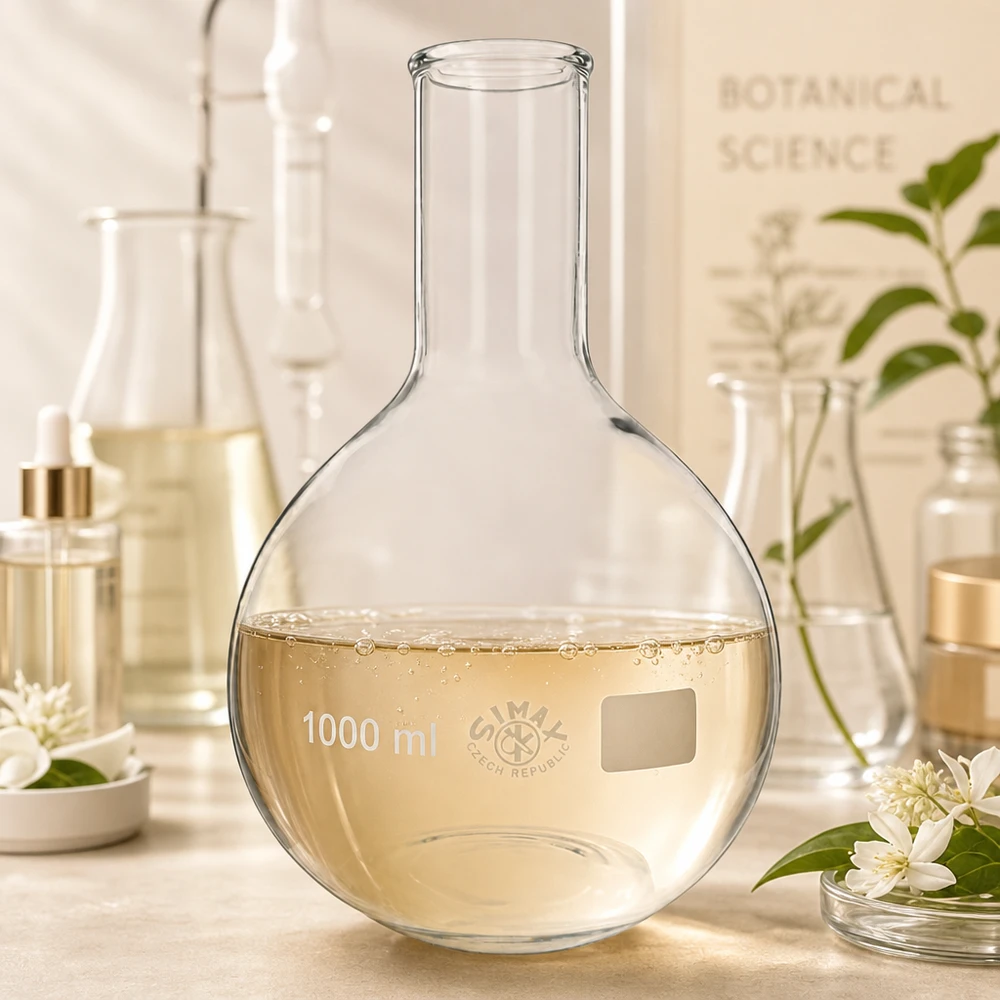 Kolba laboratoryjna 1000 ml z wąską szyjką i złotym roztworem do eksperymentów i analiz chemicznych