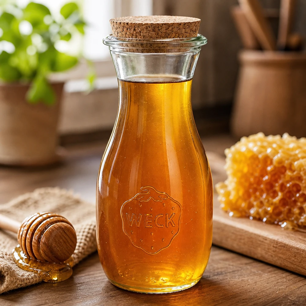 WECK szklana butelka 530ml wypełniona miodem obok plastra miodu i łyżki miodu na drewnianej desce rustykalna kuchnia