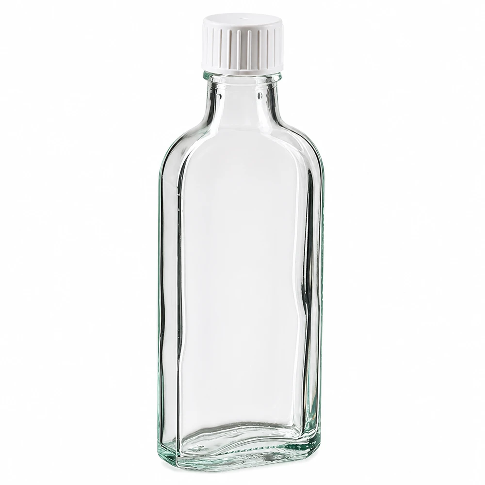 100 ml Przezroczysta zakrętka Meplat z pierścieniem do nalewania Butelka Meplat o pojemności 100 ml, przezroczysta, z białym zakrętkiem i szklanym pierścieniem do nalewania