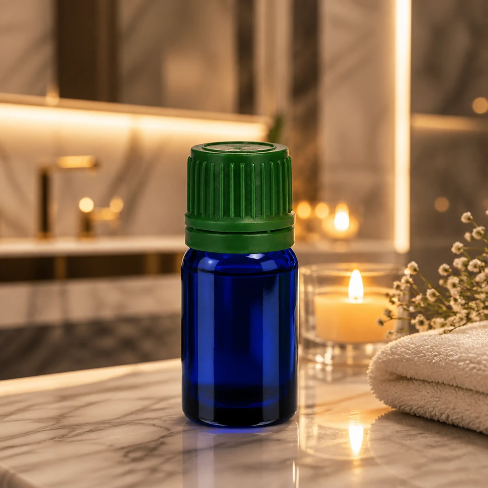 Butelka 5 ml 11 mm SV zielona OV BlueLine UT18/5 Mała butelka aptekarska o pojemności 5 ml wykonana z niebieskiego szkła z zieloną zakrętką do precyzyjnego dozowania.