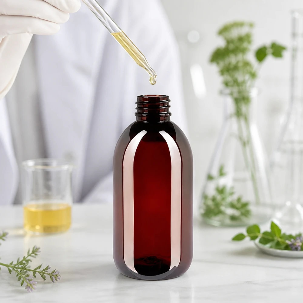 Brązowa butelka PET o pojemności 250 ml z zamknięciem OV, przeznaczona do olejków eterycznych i kosmetyków naturalnych