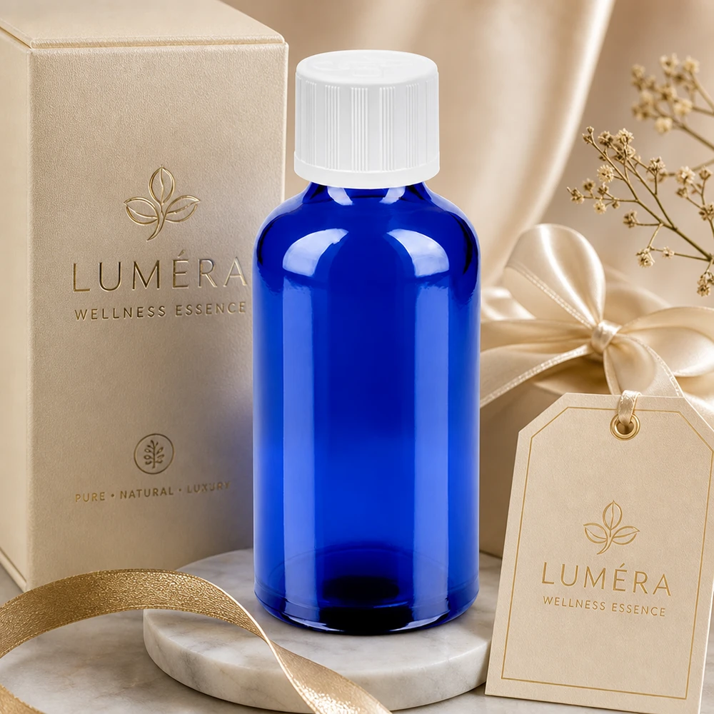 Okrągła butelka na ramię o pojemności 50 ml w kolorze kobaltowego błękitu z białą nakrętką na esencje wellness