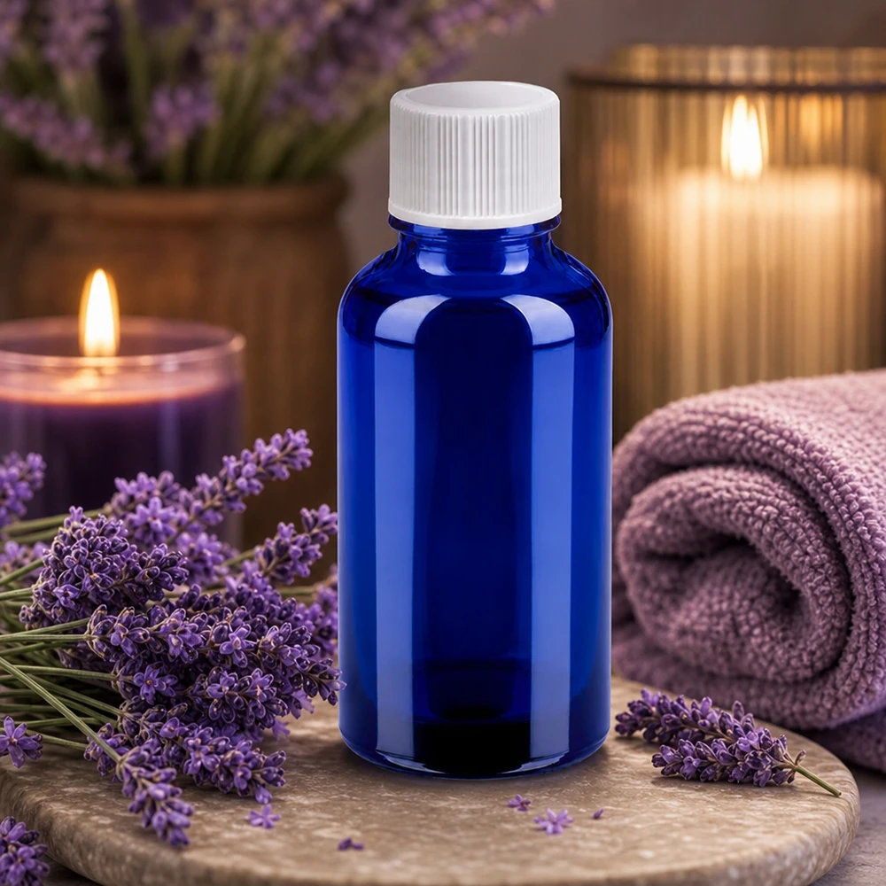 30 ml szklana butelka w kolorze kobaltowego błękitu z zakrętką zabezpieczającą przed dziećmi do aromaterapii i odnowy biologicznej