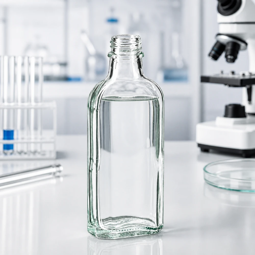 Butelka Meplat 100 ml przezroczysta DIN22 Prostokątna, przezroczysta szklana butelka o pojemności 100 ml z zakrętką DIN22 w laboratorium