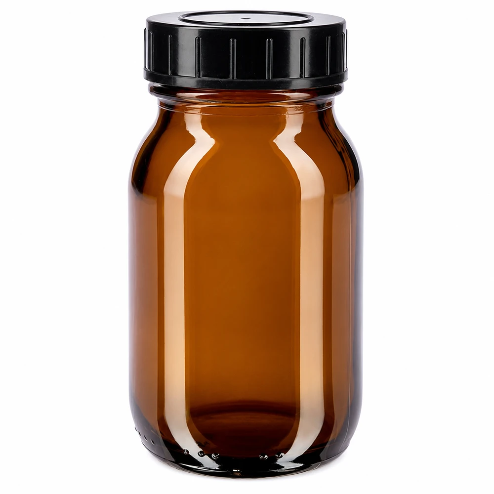 Butelka z szeroką szyjką o pojemności 100 ml z bursztynowego szkła z zakrętką 100 ml butelka z szeroką szyjką wykonana z bursztynowego szkła z czarną zakrętką do bezpiecznego przechowywania