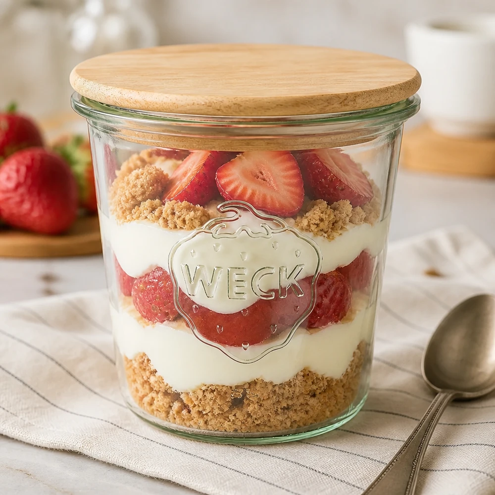 Kubki WECK RR100 o pojemności 580 ml z drewnianą pokrywką Kubki WECK 580 ml jako miska deserowa z truskawkami i okruchami herbatników, drewniana pokrywa zamknięta na stole kuchennym