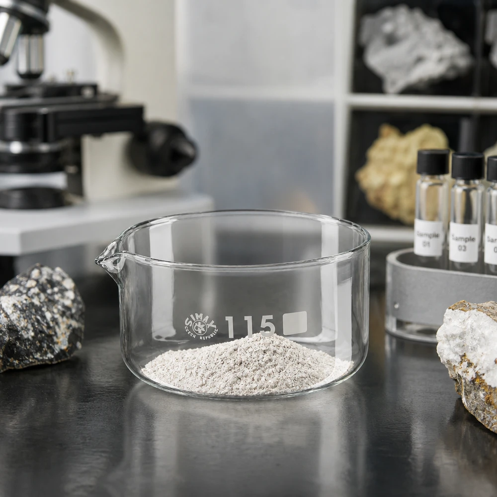 Naczynie do krystalizacji 500 ml z borokrzemianową wylewką Miska do krystalizacji o pojemności 500 ml z mielonym proszkiem skalnym w laboratorium mineralogicznym SIMAX – szkło borokrzemowe
