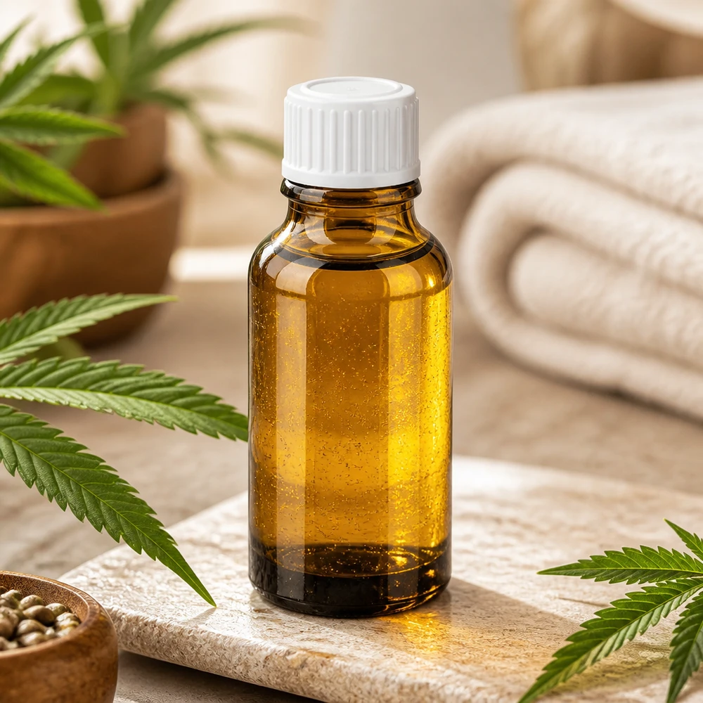 Butelka o pojemności 20 ml z brązowego szkła, chroniąca przed światłem, z białą nakrętką dozującą do olejków CBD