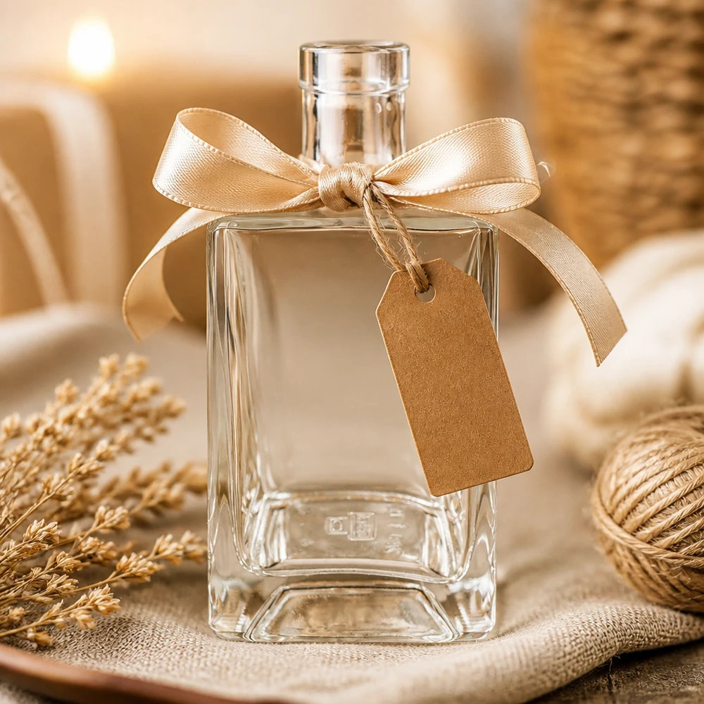 Szklana butelka Ben 700 ml bez zamknięcia UNiTWIST® Szklana butelka Ben o pojemności 700 ml ozdobiona złotą kokardą i przywieszką jako pomysł na prezent