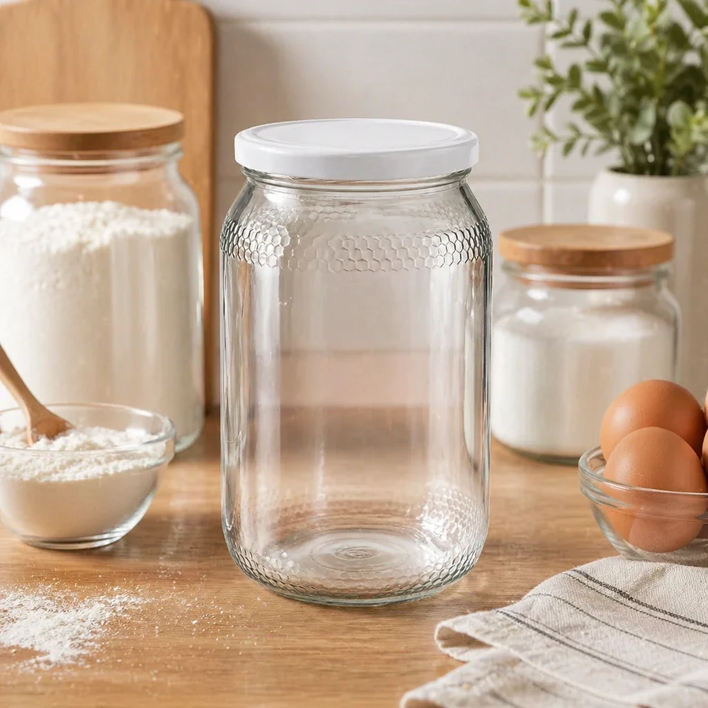 Słoik na miód 900ml pusty w kuchennej atmosferze ze składnikami do pieczenia mąką jajkami pokazuje praktyczne przechowywanie pokrywki BasicSeal