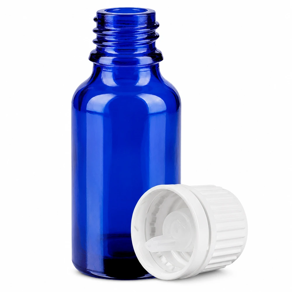 Niebieska szklana butelka 20 ml z zakraplaczem 0,7 mm do zastosowań farmaceutycznych