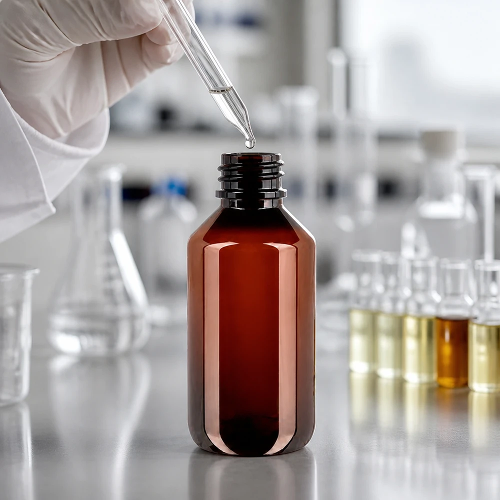 Butelka PET 200 ml z niebieską nakrętką OV Brązowa butelka PET o pojemności 200 ml z pipetą jest precyzyjnie napełniana w sterylnych warunkach laboratoryjnych
