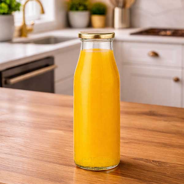 Szklana butelka 500 ml + pokrywka BasicSeal w kolorze złotym UNiTWIST. Całkowicie szczelna z dużą pokrywką TO48. Do mleka, soków i lemoniady.