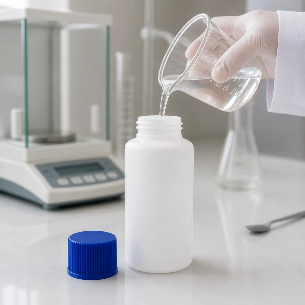 Butelka apteczna HDPE 30ml biała, z niebieskim SV Przezroczysty płyn jest rozlewany do białej butelki aptecznej z HDPE o pojemności 30 ml z niebieską zakrętką