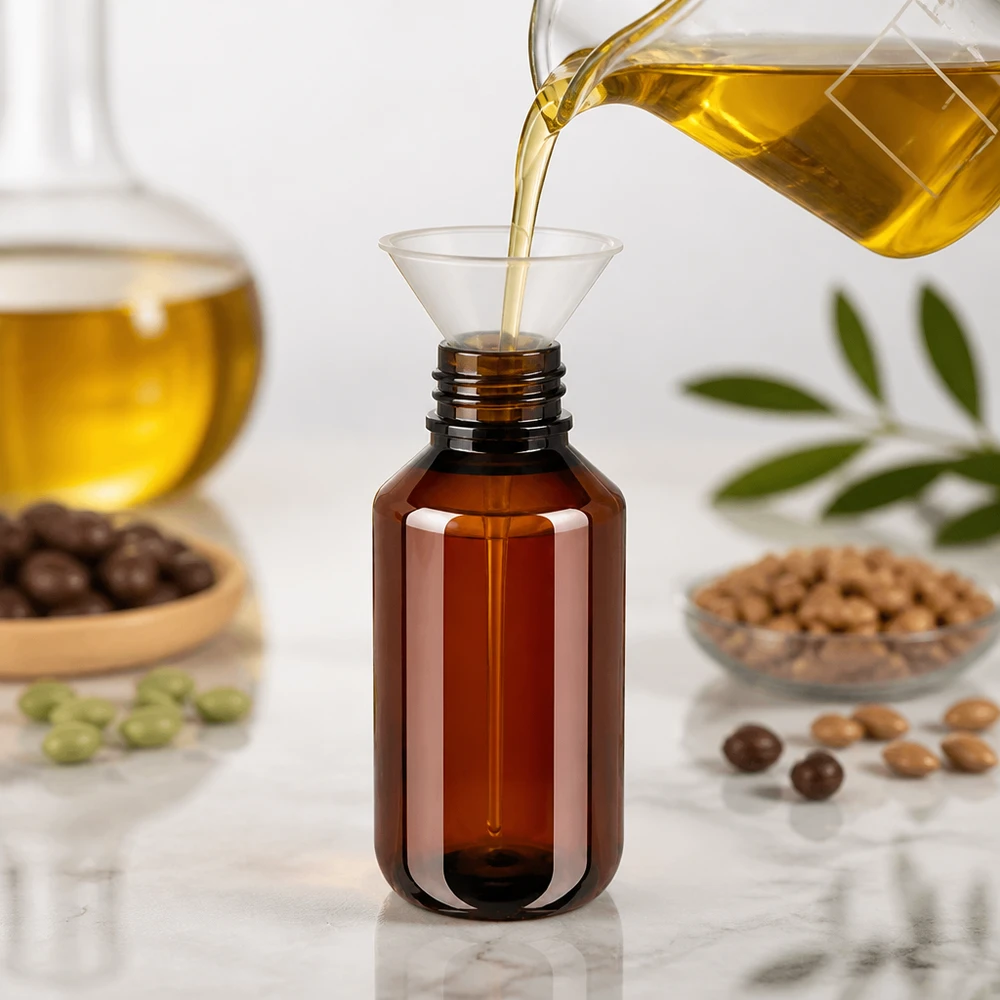 Butelka PET 100ml z niebieską nakrętką OV Napełnianie brązowej butelki PET o pojemności 100 ml za pomocą lejka i złotego oleju naturalnego