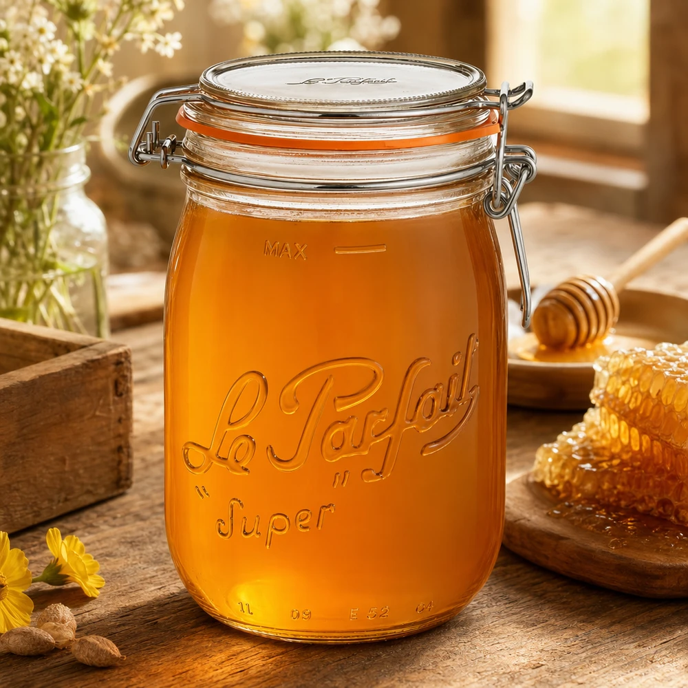 1000 ml słoik Le Parfait Super z uchylną pokrywką wypełniony miodem na drewnianym stole z plastrem miodu i łyżeczką do miodu