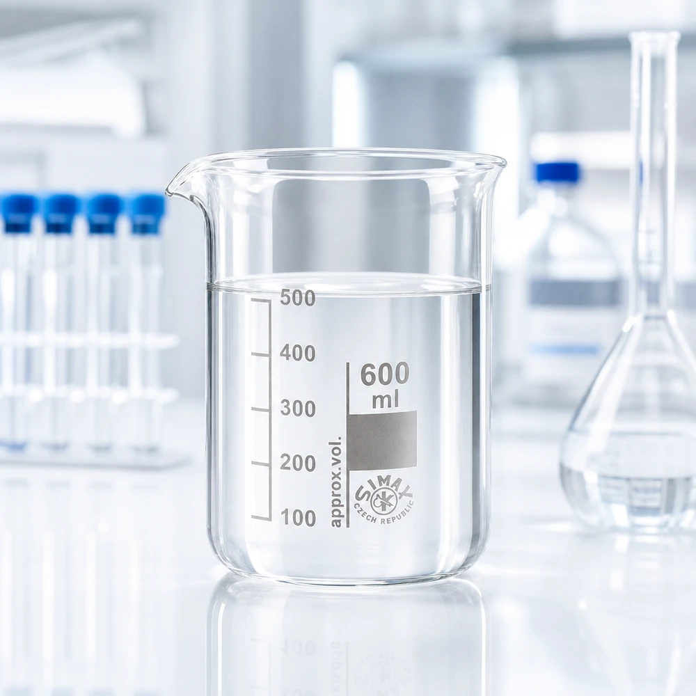 Zlewka 600 ml ze szkła borokrzemowego, niska forma Przezroczysta zlewka 600 ml z niską formą wykonana z wysokiej jakości szkła borokrzemowego do laboratorium i kuchni