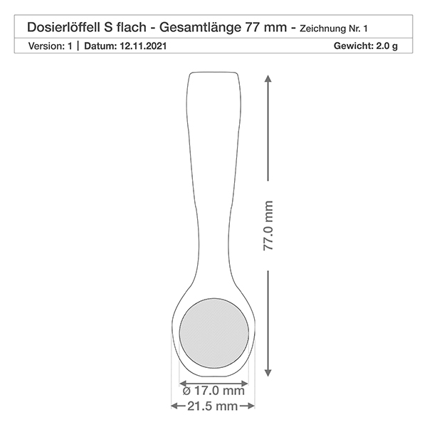 Drewniana łopata w kształcie łyżki S o długości 7,7 cm Szczegółowy rysunek wymiarowy małej drewnianej łopaty 77 mm długość 21,5 mm szerokość 17 mm średnica łyżki specyfikacja techniczna