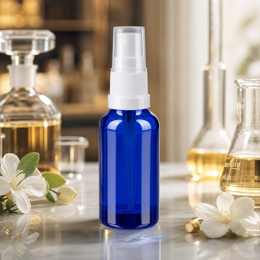 Butelka ze spryskiwaczem 30 ml biała/przezroczysta STD BlueLine UT18/30 30 ml niebieska butelka z przezroczystą głowicą rozpylającą do zastosowań kosmetycznych i pielęgnacji skóry