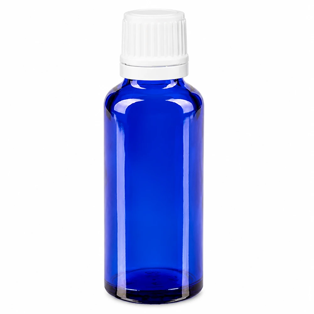 30 ml niebieska szklana buteleczka apteczna z białym oryginalnym zamknięciem i wkładem kroplomierzem o średnicy 0,7 mm