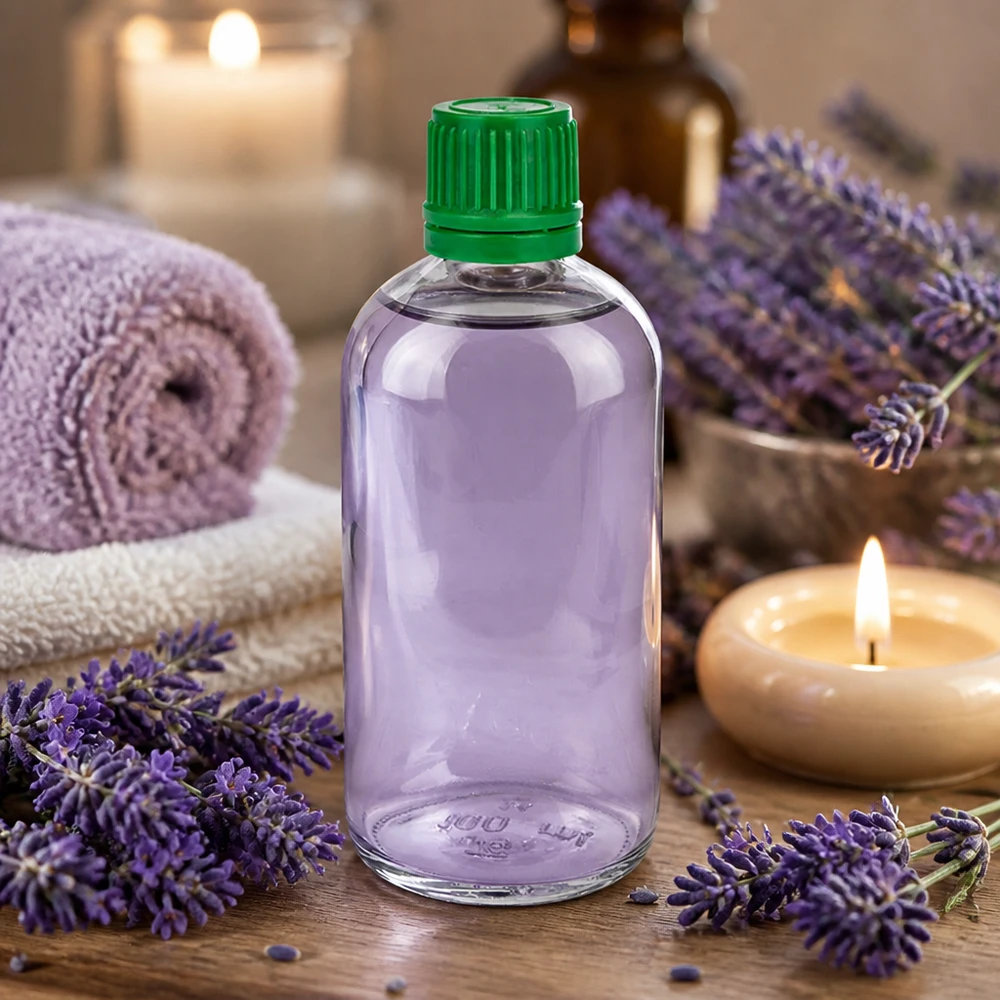 Olejek aromaterapeutyczny z lawendy w przezroczystej szklanej butelce o pojemności 100 ml z serii ClearLine UT18 z zieloną nakrętką zabezpieczającą przed dziećmi