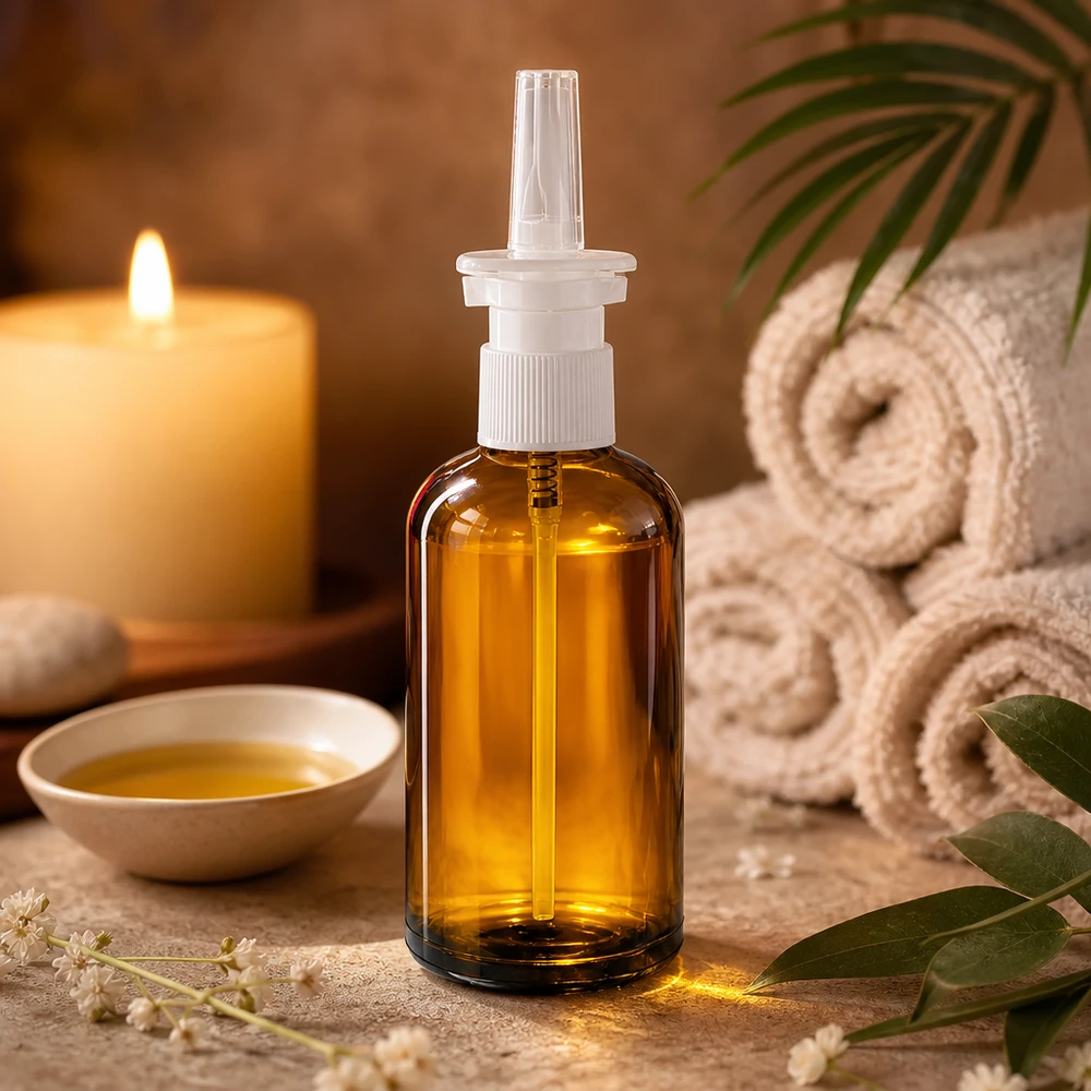 100 ml butelka z atomizerem do nosa, przezroczysta STD BrownLine UT18/100 Wysokiej jakości szklana butelka 100 ml w kolorze brązowym do farmaceutycznych aerozoli do nosa z pompką