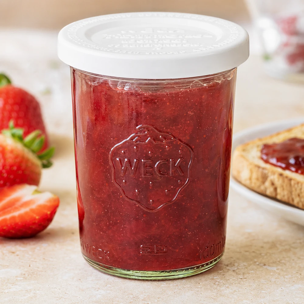Szklanka o pojemności 160 ml z pokrywką zachowującą świeżość WECK RR60 Słoik do przetworów WECK 160 ml z dżemem truskawkowym i białą pokrywką, obok świeżych truskawek i chleba z dżemem
