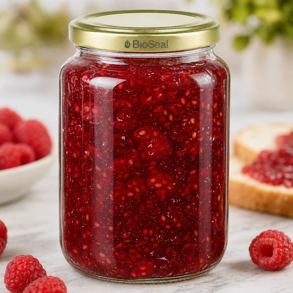 1000g Honigglas mit goldenem Deckel BioSeal UNiTWIST Słoik na miód o pojemności 1000 g wypełniony dżemem z czerwonych malin pokazuje praktyczne zastosowanie do konserwowania i przechowywania.