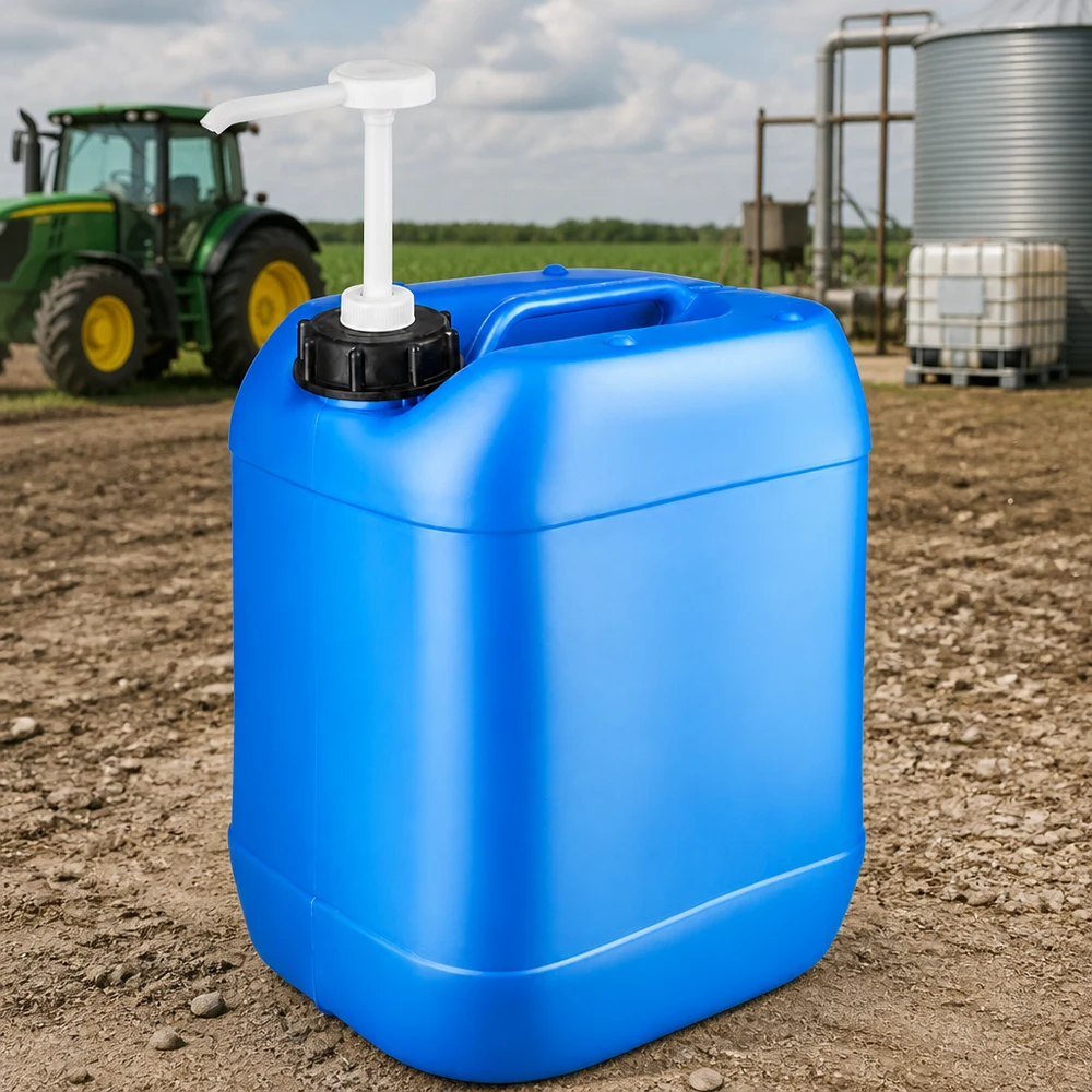 Kanister 20 litrów niebieski z pompą dozującą Solidny niebieski kanister o pojemności 20 litrów z pompą dozującą na polu uprawnym przed ciągnikiem John Deere