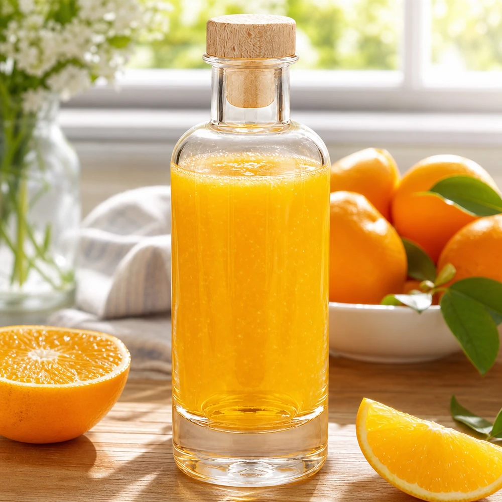 200 ml szklana butelka Ella z drewnianym korkiem wypełniona sokiem pomarańczowym obok plasterków pomarańczy na drewnianej desce