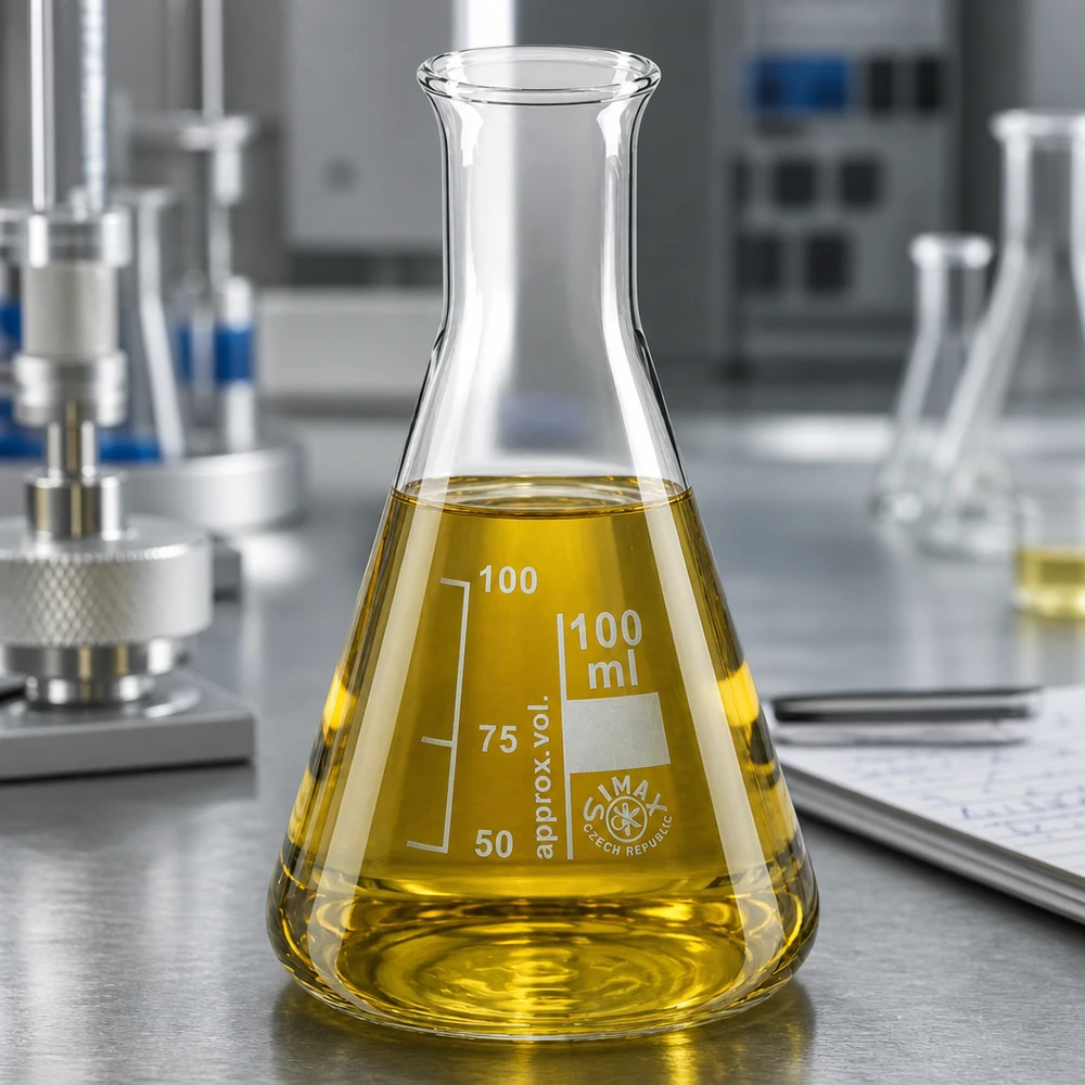Kolba Erlenmeyera 100 ml z wąską szyjką i żółtą cieczą testową do profesjonalnych analiz laboratoryjnych