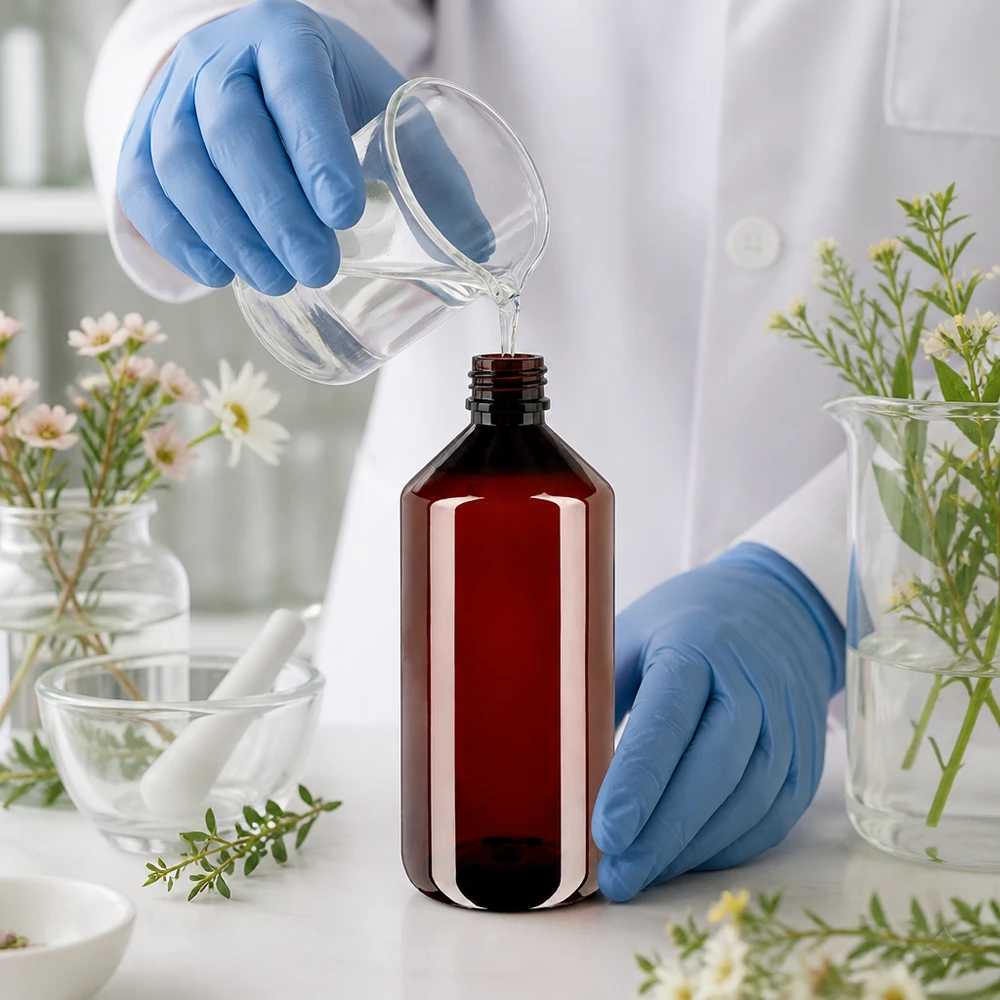 Laborant napełnia brązową butelkę PET o pojemności 1000 ml z karbowanym zamknięciem typu OV płynem