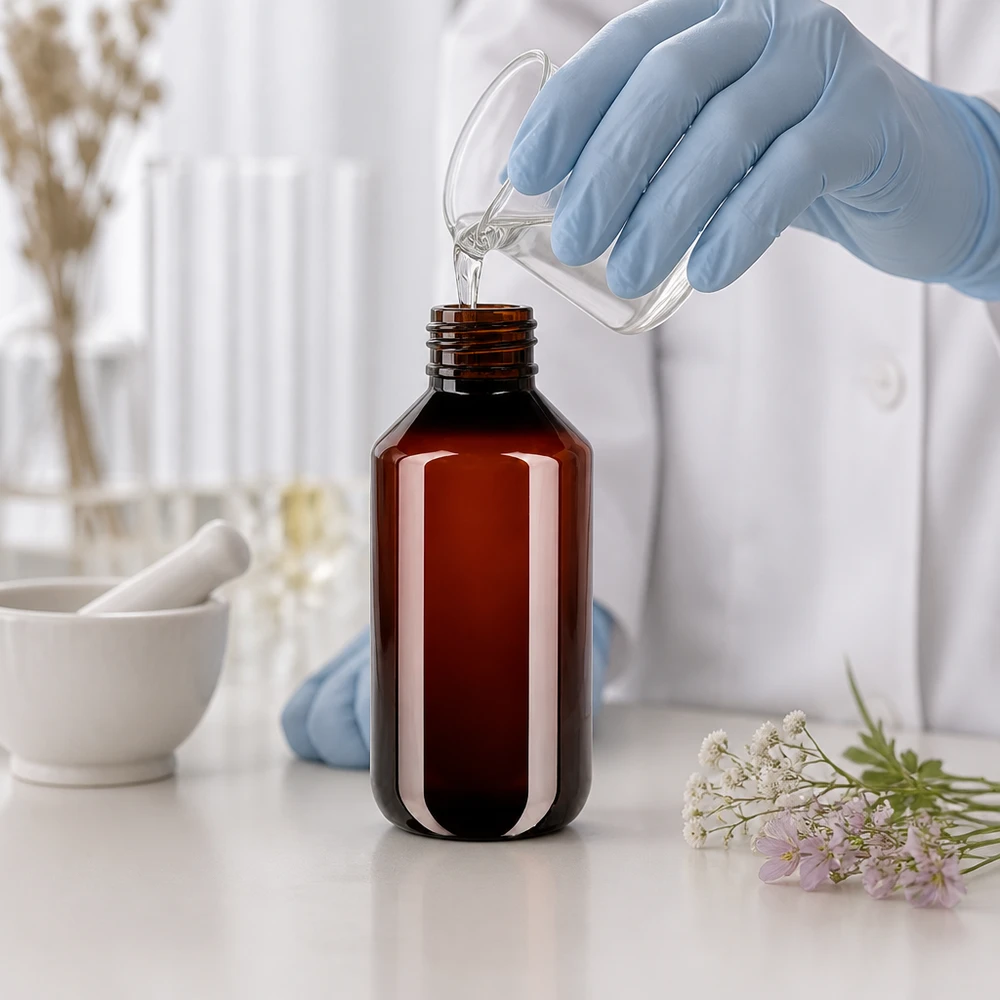 Butelka PET 200 ml z brązową nakrętką OV Kompakte PET Flasche 200ml braun mit Originalverschluss zum Abfüllen von Lösungen