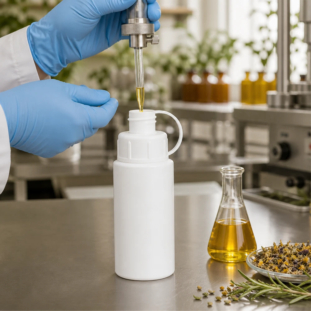 Biała butelka apteczna z HDPE o pojemności 30 ml z zakrętką z rozpylaczem obok kolby Erlenmeyera i ziół