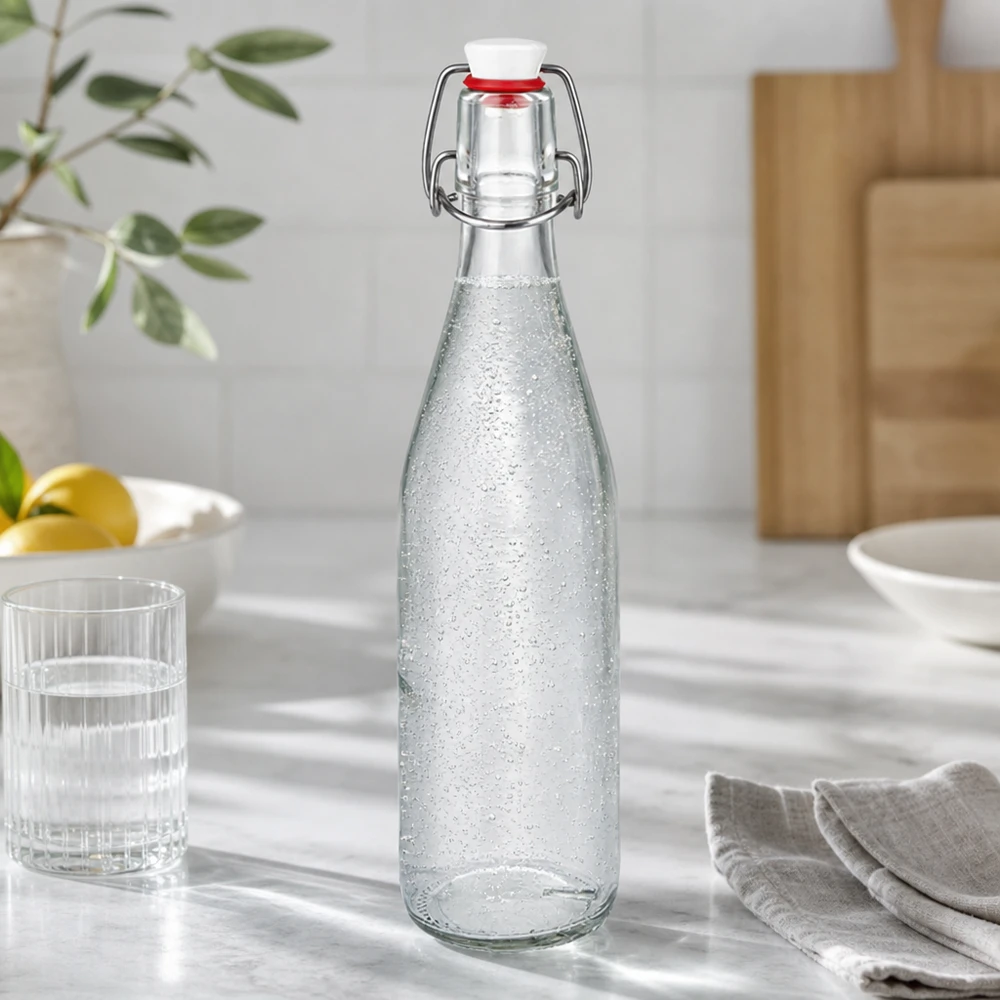Szklana butelka o pojemności 500 ml wypełniona wodą gazowaną w nowoczesnej kuchni obok szklanek i sztućców