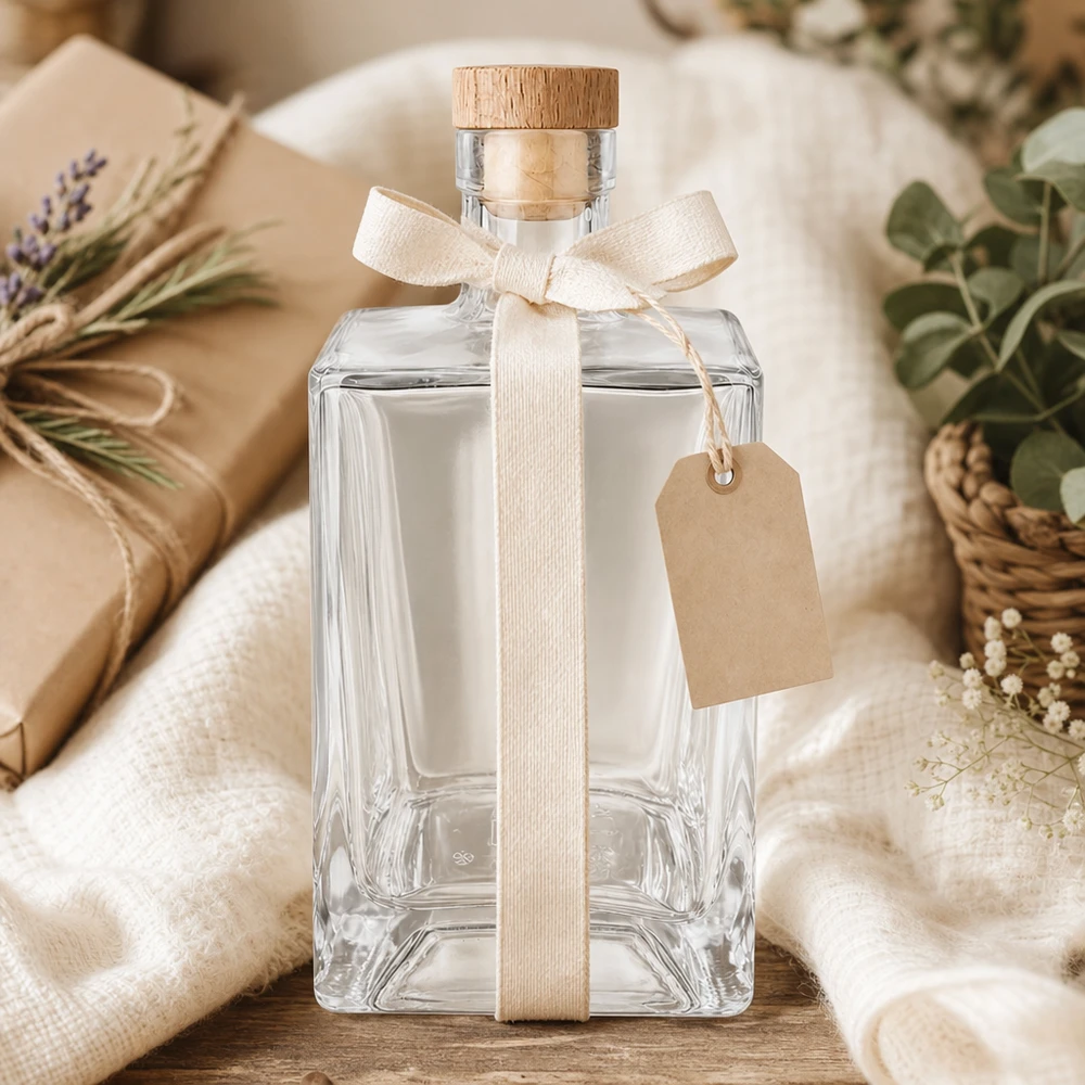 Butelka szklana 700 ml Ben z drewnianym korkiem UNiTWIST® 700ml szklana butelka Ben na prezent ozdobiona kremową wstążką zawieszka naturalne opakowanie drewniany korek UNiTWIST
