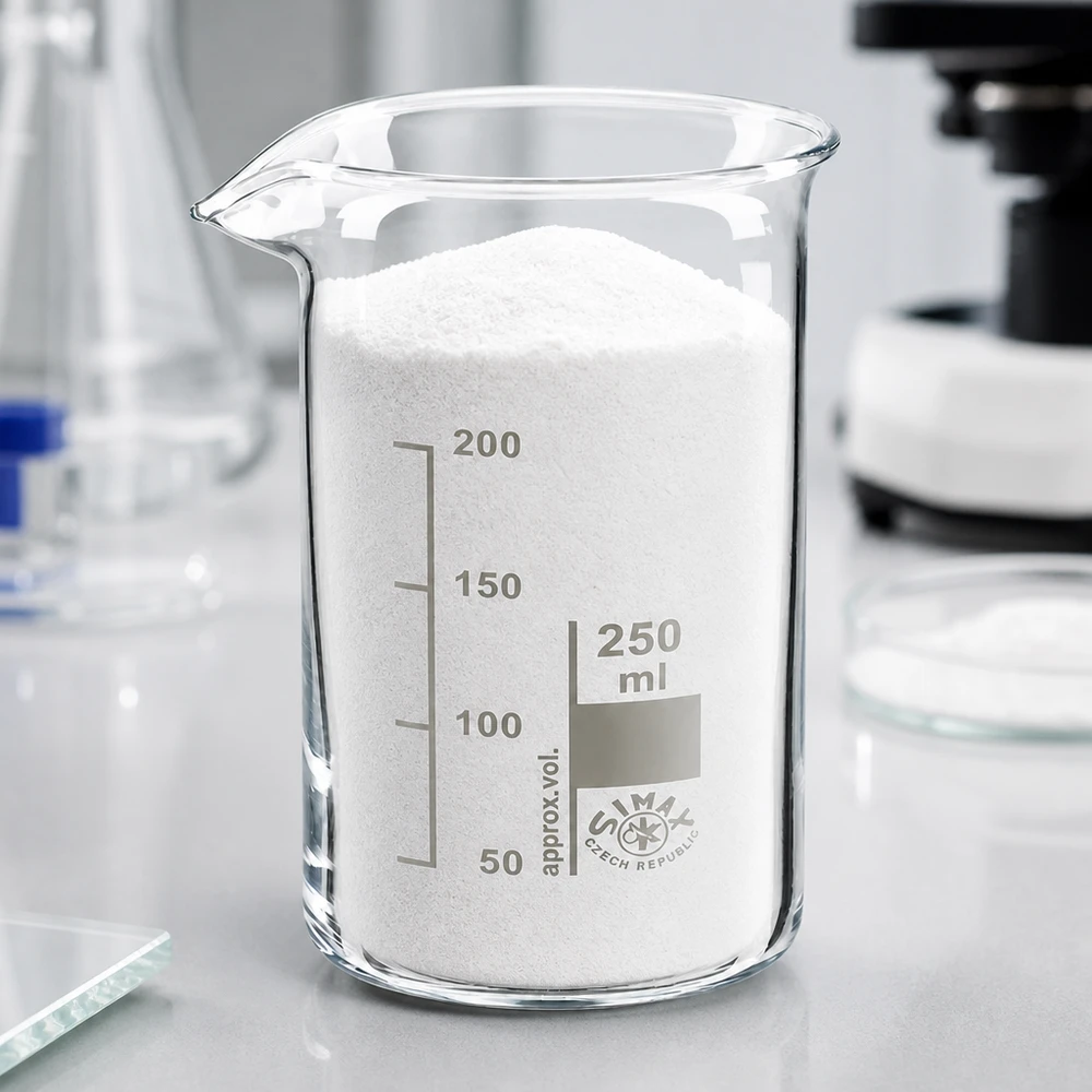 Szklanka o pojemności 250 ml, o wysokim kształcie, wypełniona białym proszkiem, stojąca na jasnym stole laboratoryjnym z mikroskopem