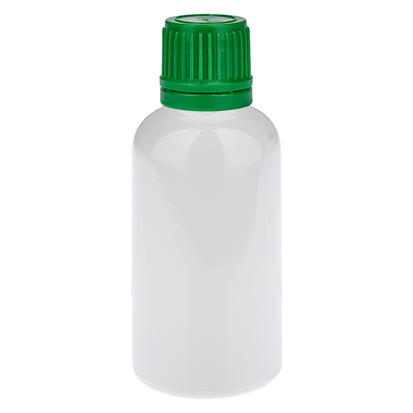 Butelka 30 ml, zakrętka 11 mm, zielona, zabezpieczenie przed otwarciem przez dzieci WhiteLine UT18/30 Butelka 30 ml, zakrętka 11 mm, zielona, zabezpieczenie przed otwarciem przez dzieci WhiteLine UT18/30