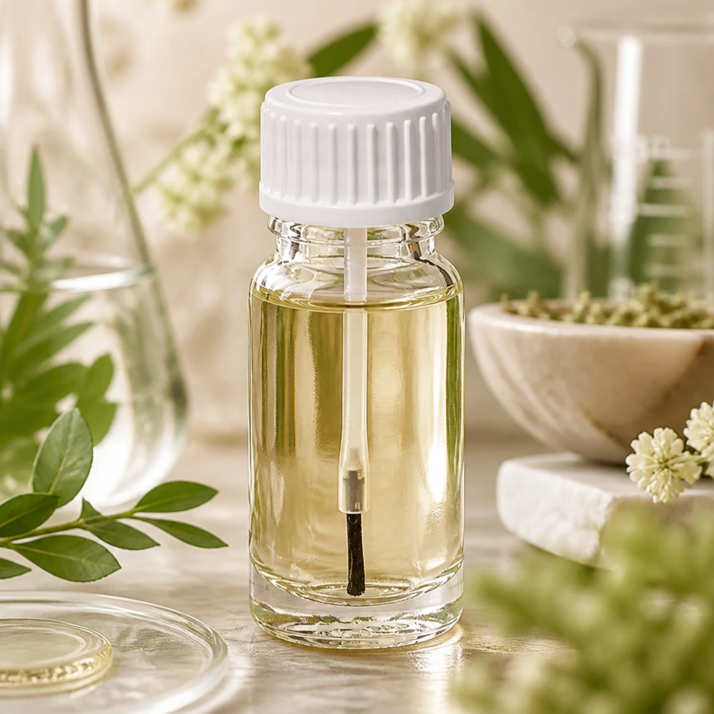Butelka z pędzelkiem 10 ml biała STD ClearLine UT18/10 Butelka z aplikatorem pędzelkowym 10 ml z białym nakrętką i naturalnymi roślinami, przezroczysta butelka UT18/10 do olejków eterycznych