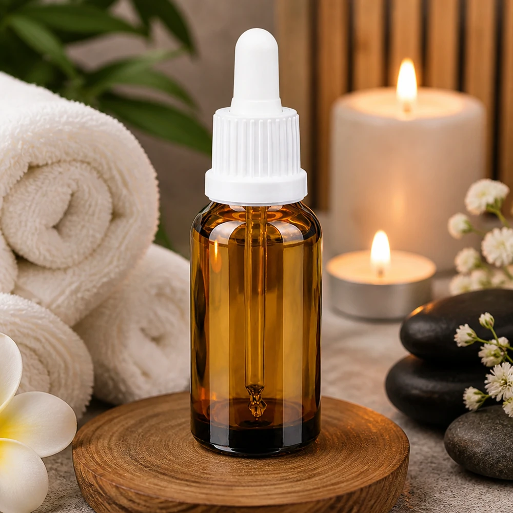 Butelka z pipetą 20 ml biała OV BrownLine UT18/20 Profesjonalna butelka z pipetą 20 ml brązowa z białym zakraplaczem do zastosowań w spa i wellness