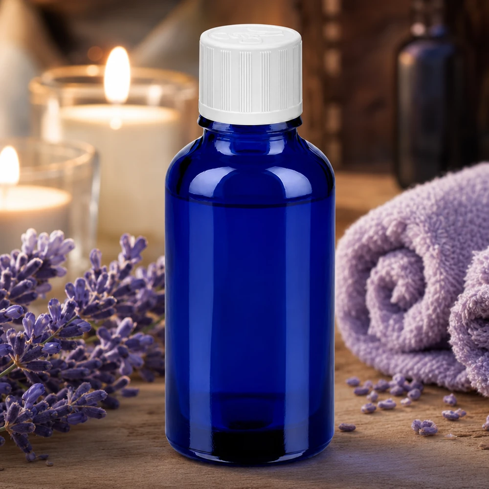 Butelka 30 ml 11 mm SV w. STD KiSi BlueLine UT18/30 Kobaltowo-niebieska szklana butelka 30 ml z zabezpieczeniem przed dziećmi do aromaterapii i odnowy biologicznej