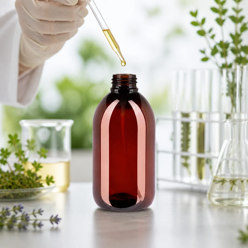 Kompakte 250ml PET Flasche in Bernsteinoptik ideal für natürliche Öle und Extrakte