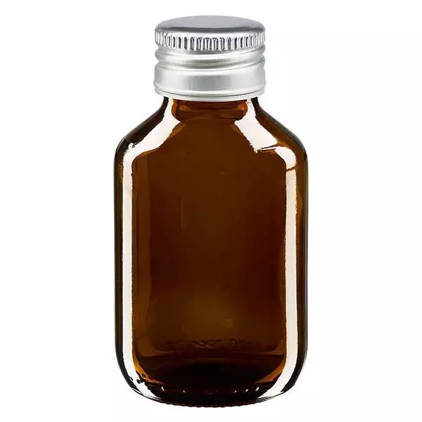 Butelka na lek 100 ml brązowa, z zakrętką ze srebrnego aluminium ApoGlas. Farmaceutyczna jakość produkcji UE. Gwint 28 mm (PP28). (syrop, butelka z lekkiego szkła) Butelka na lek 100 ml brązowa, z zakrętką ze srebrnego aluminium ApoGlas. Farmaceutyczna jakość produkcji UE. Gwint 28 mm (PP28). (syrop, butelka z lekkiego szkła)