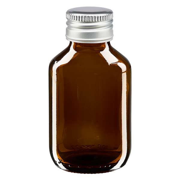 Butelka na lek 100 ml brązowa, z zakrętką ze srebrnego aluminium ApoGlas. Farmaceutyczna jakość produkcji UE. Gwint 28 mm (PP28). (syrop, butelka z lekkiego szkła) Butelka na lek 100 ml brązowa, z zakrętką ze srebrnego aluminium ApoGlas. Farmaceutyczna jakość produkcji UE. Gwint 28 mm (PP28). (syrop, butelka z lekkiego szkła)