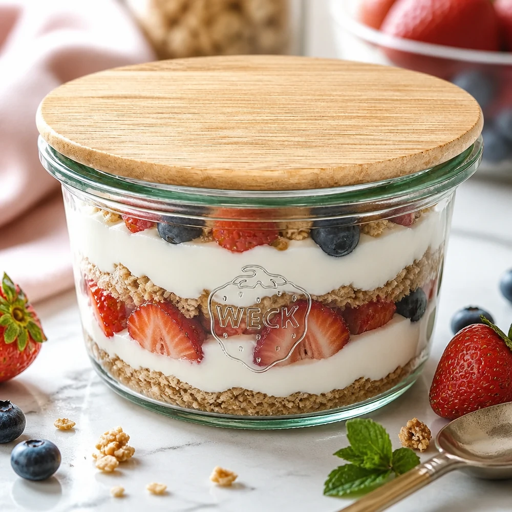 Minibutelki WECK RR60 o pojemności 50 ml z drewnianą pokrywką Mini kubki WECK 50 ml jako miseczka deserowa z deserem jogurtowo-jagodowym i bambusową pokrywką na białym marmurowym stole